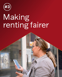'#3 Making renting fairer' sits on top of a red gradient, with an image of a woman looking at available properties at a real estate office underneath