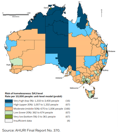 Risk of homelessness (rate per 10,000 people), unit-level SA3 estimates