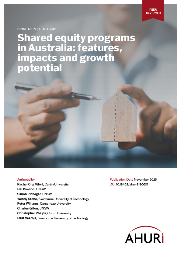 Cover of AHURI Final Report 448 featuring the report's title, image and list of authors