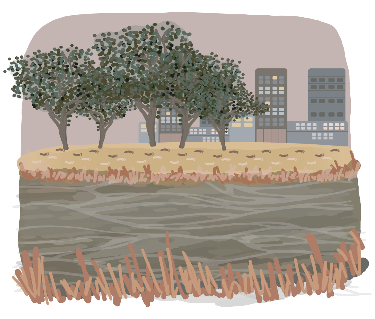 First Nations artwork depicting city landscape