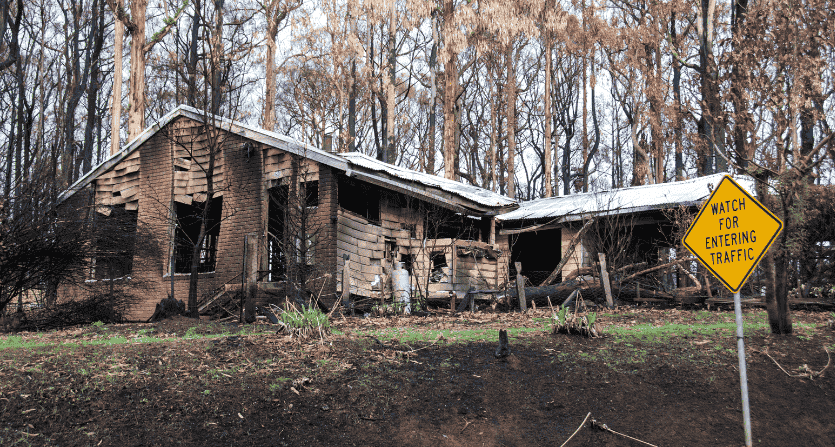 Image of house with extensive damage from Australian bushfire