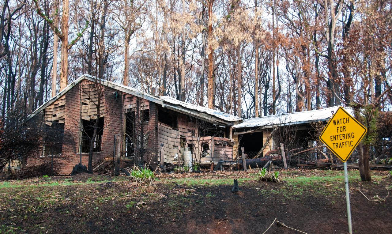 Image for AHURI Final Report 444, depicting a house and the surrounding woodlands severely damaged by bushfires