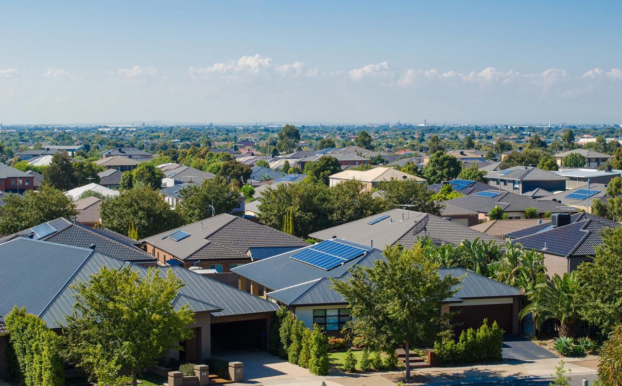 Stock image: an aerial photograph of suburban houses.