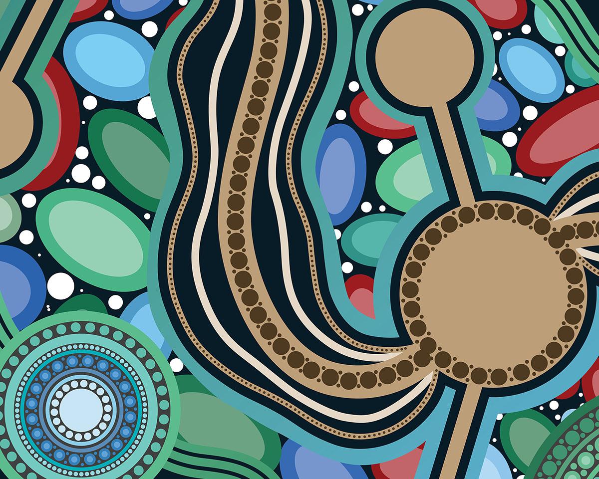 First Nations artwork with blue, green, red, brown and black colouring