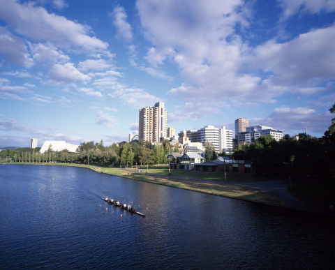 Aerial view of Adelaide city over the water in daylight