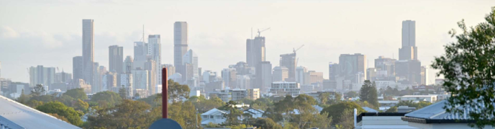 View of a city skyline with smog and suburbs in foreground