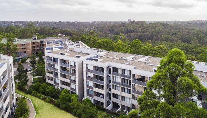 Aerial view of residential apartments in an Australian suburb in daylight