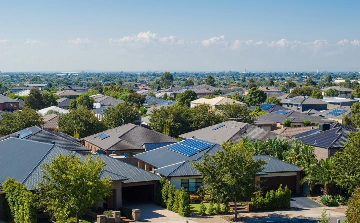 Stock image: an aerial photograph of suburban houses.