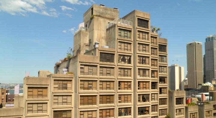 An aerial short of the Sirius building, Sydney in daylight
