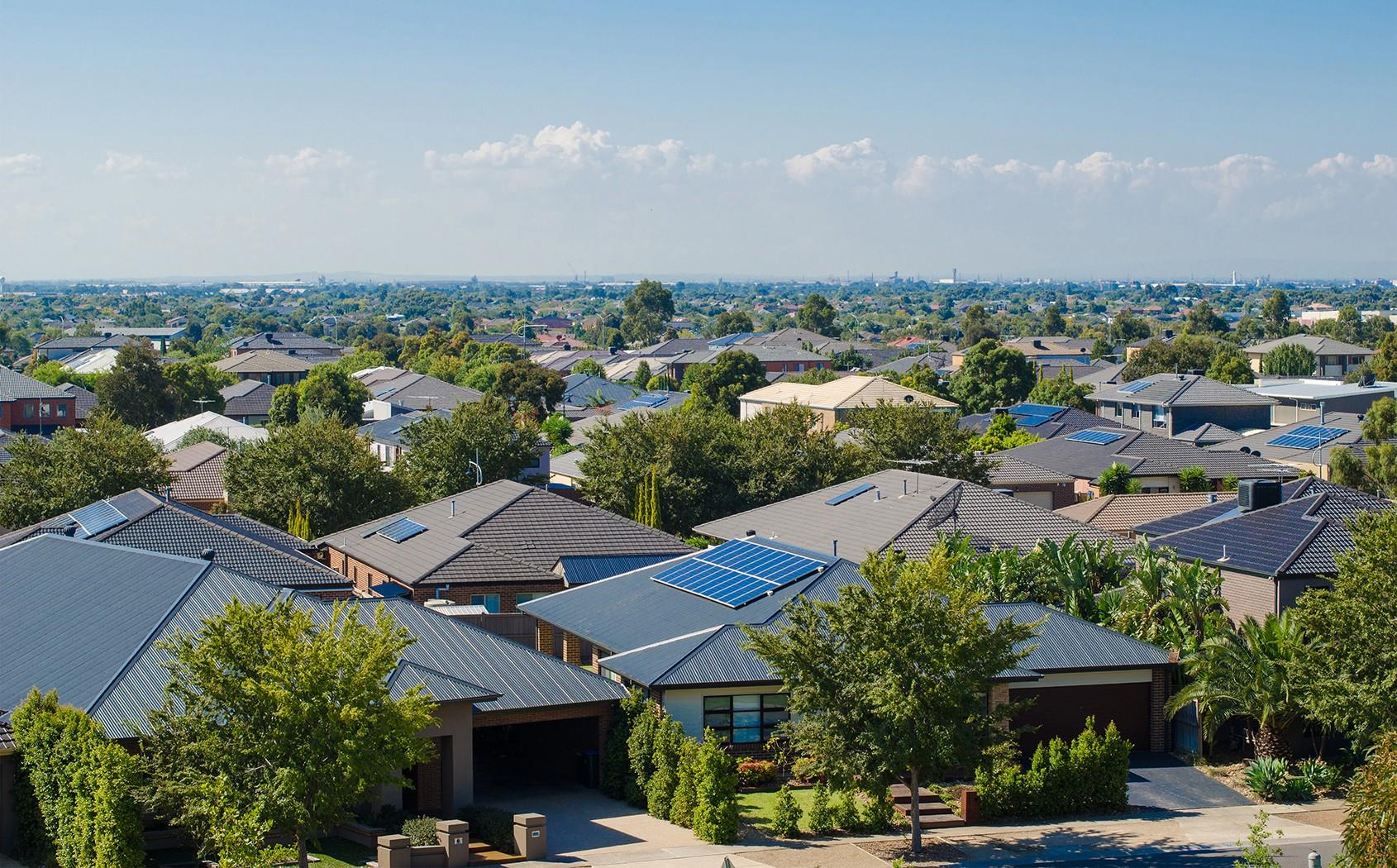 Stock image: an aerial photograph of suburban houses.