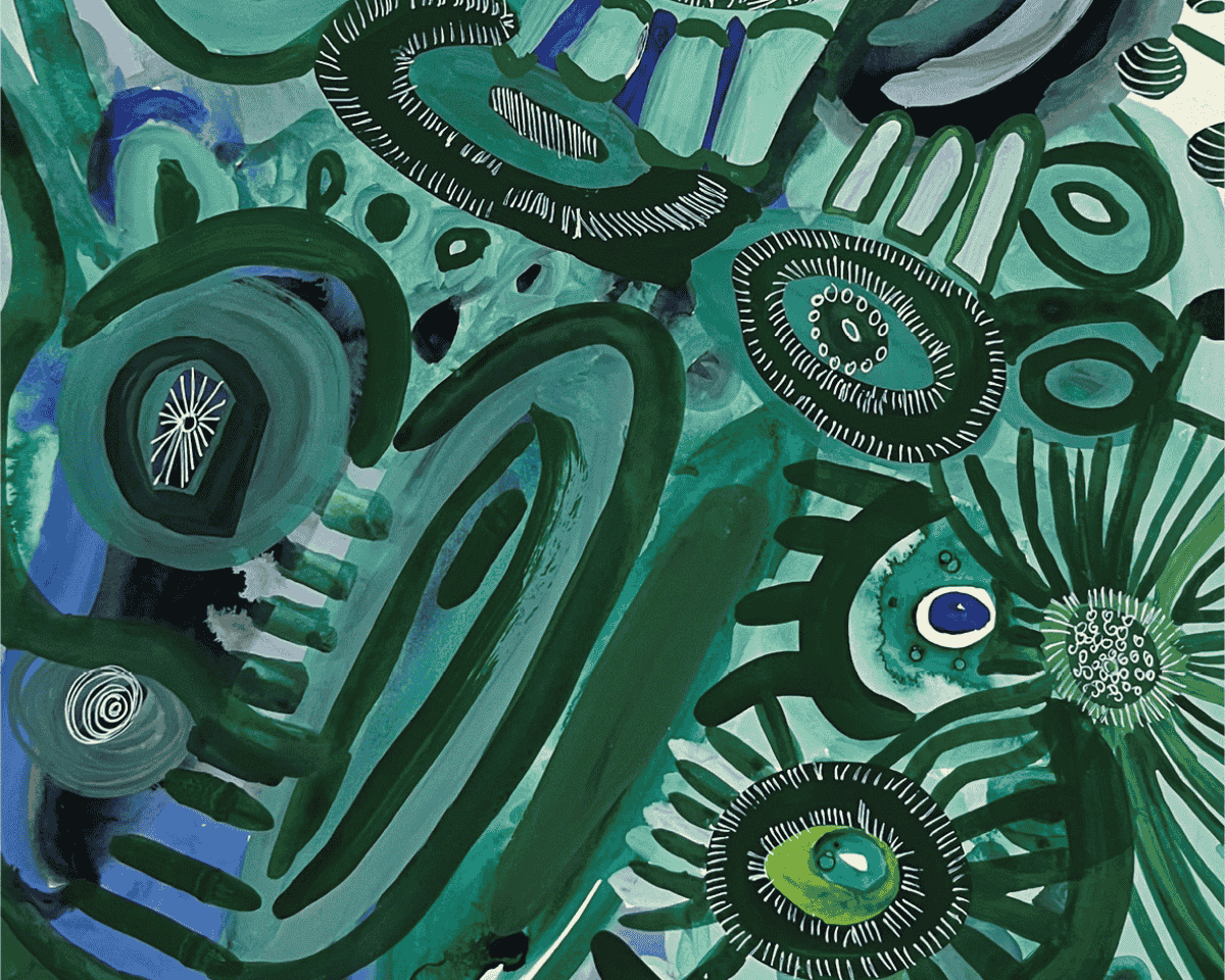 First Nations artwork with blue, green and black colouring