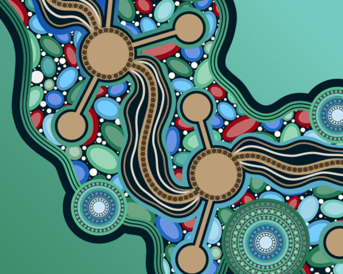 First Nations artwork with blue, green, red, brown and black colouring