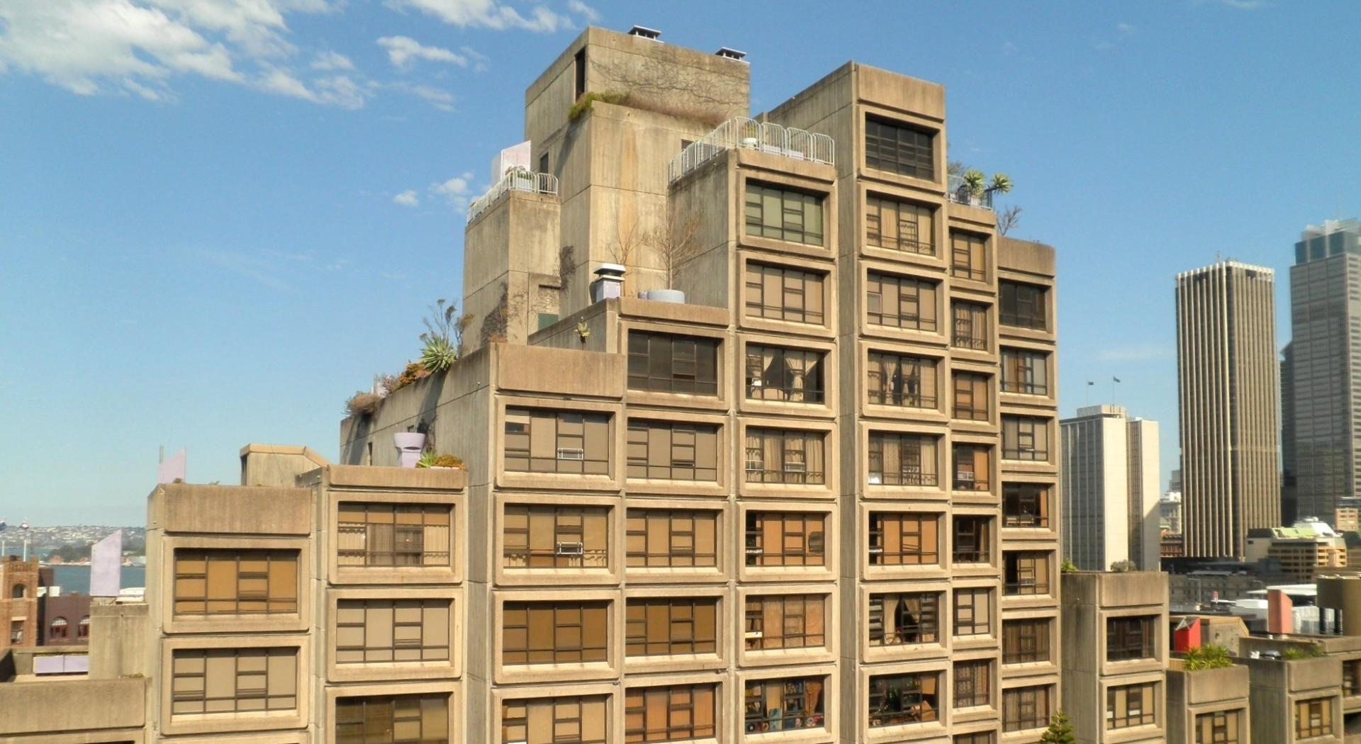 An aerial short of the Sirius building, Sydney in daylight